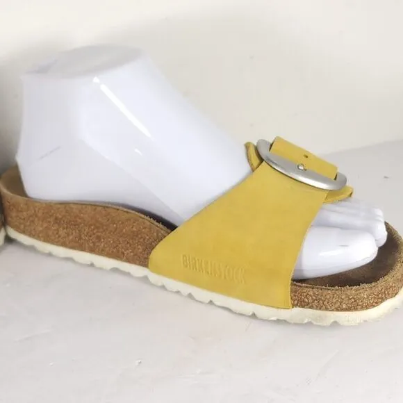 Birkenstock Women's Madrid Big Buckle EU 38 US 7 Yellow Nubuck Slide Sandals