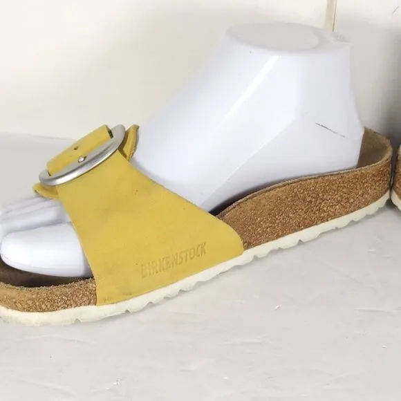 Birkenstock Women's Madrid Big Buckle EU 38 US 7 Yellow Nubuck Slide Sandals