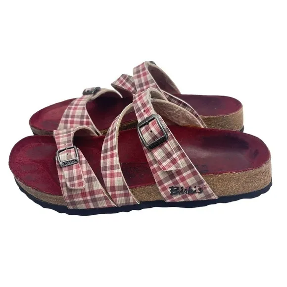 𝅺Birki’s Birkenstock Red Plaid Print Slide Sandals Women’s Size EU 37 US 6