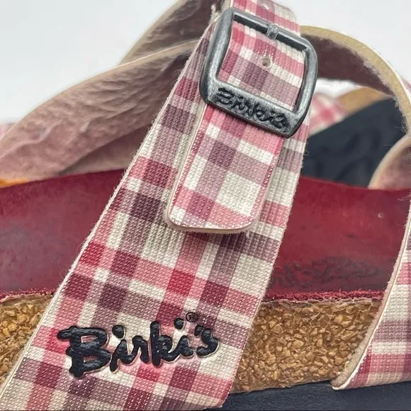 𝅺Birki’s Birkenstock Red Plaid Print Slide Sandals Women’s Size EU 37 US 6