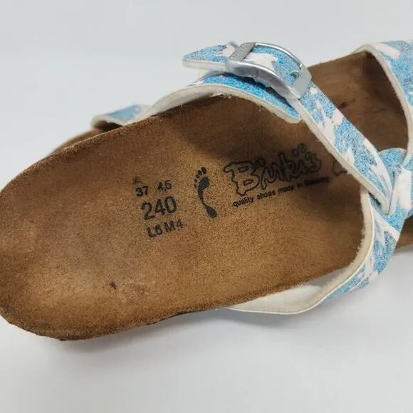 Birkis Birkenstock Womens Sylt Blue White Print CrissCross Slide Sandals Size 6