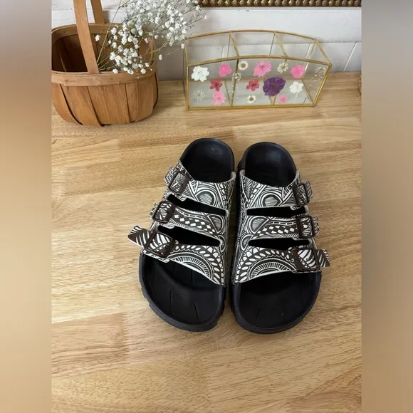 BIRKS By Birkenstock Beach Slide Sandals Brown Paisley Design Size 10 - 41 Boho
