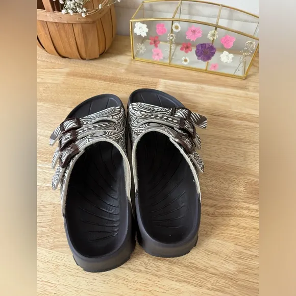 BIRKS By Birkenstock Beach Slide Sandals Brown Paisley Design Size 10 - 41 Boho