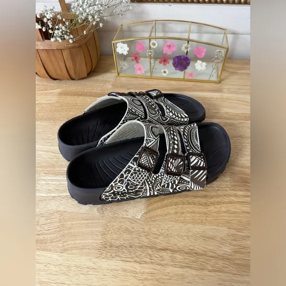 BIRKS By Birkenstock Beach Slide Sandals Brown Paisley Design Size 10 - 41 Boho