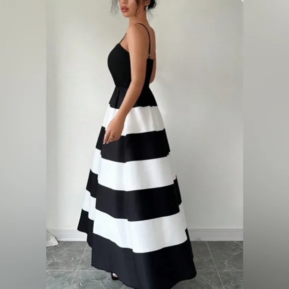 Black &amp; white color block dress with adjustable straps