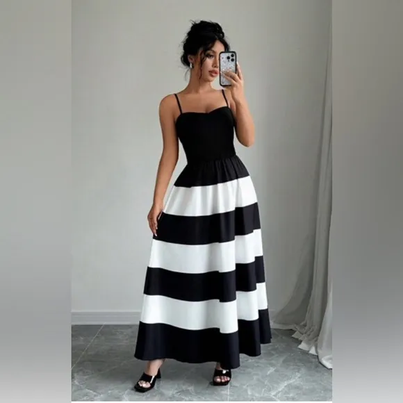 Black &amp; white color block dress with adjustable straps