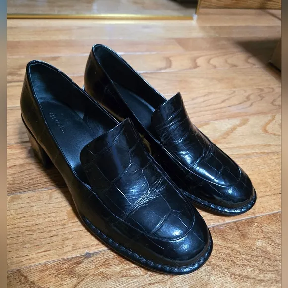 Black Croc-Embossed Block Heel Loafers