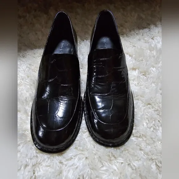 Black Croc-Embossed Block Heel Loafers