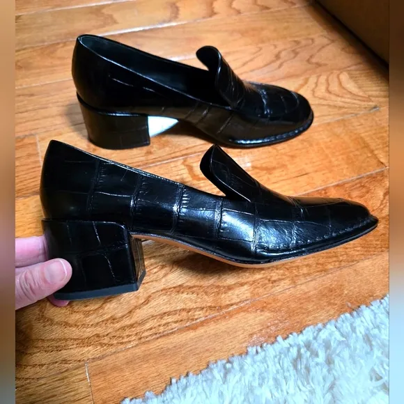 Black Croc-Embossed Block Heel Loafers