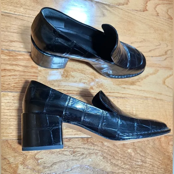 Black Croc-Embossed Block Heel Loafers