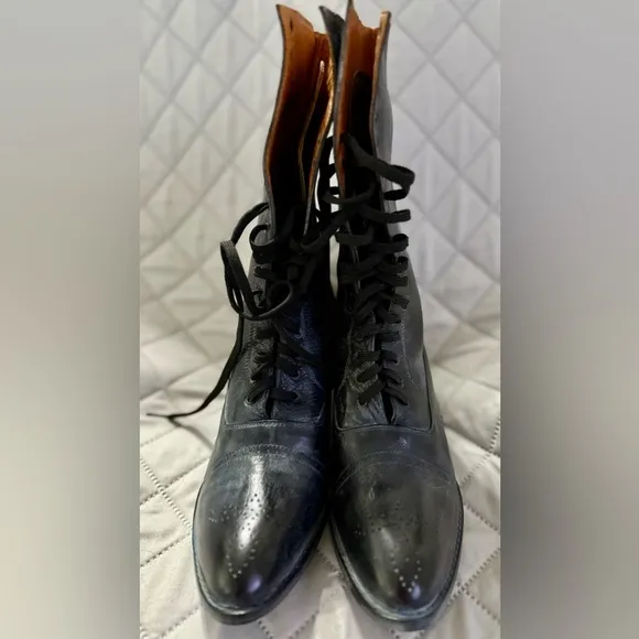 Black Leather Granny Lace-Up Women's Boots