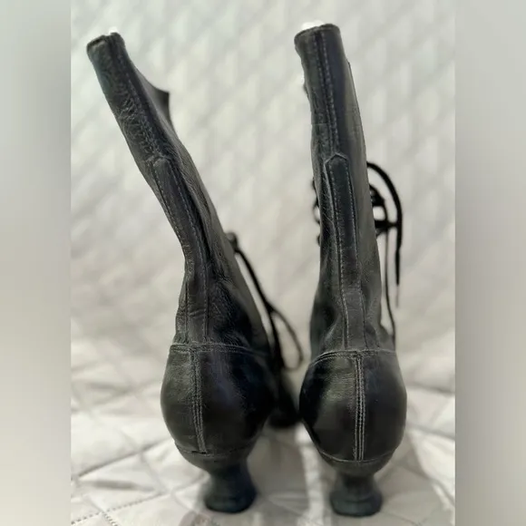 Black Leather Granny Lace-Up Women's Boots