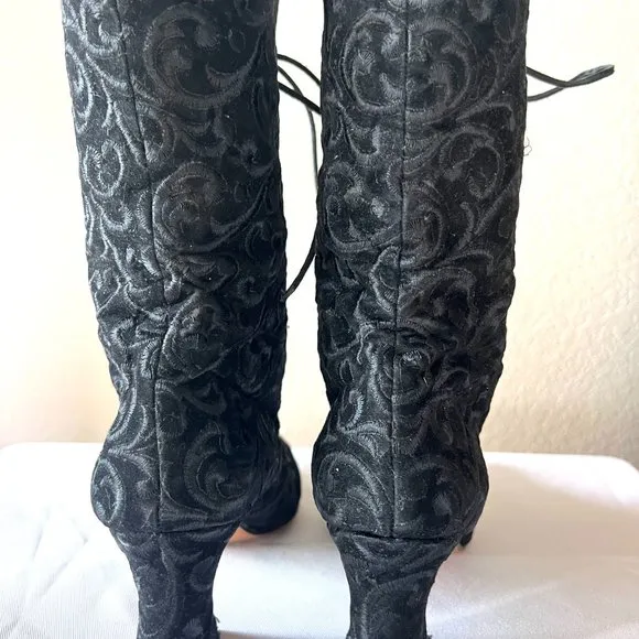 Black Victorian-Inspired Lace-Up Genuine Leather Boots (Size 38)