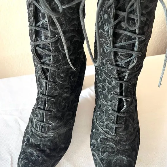 Black Victorian-Inspired Lace-Up Genuine Leather Boots (Size 38)