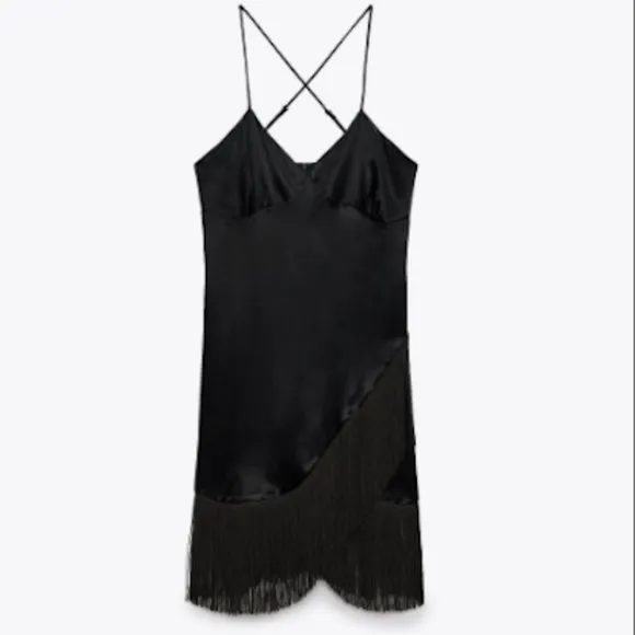 BLOGGER'S FAVE! Zara Black Fringe Mini Slip Dress NWT