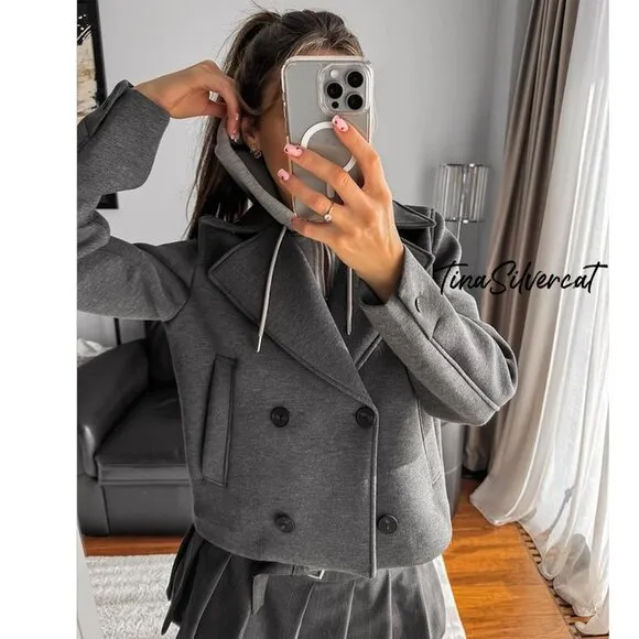 BLOGGER'S FAVE! Zara Hooded Cropped Jacket Gray NWT