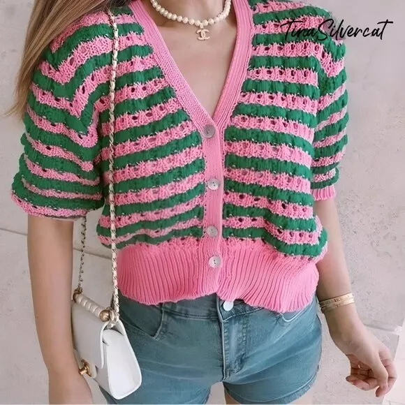 BLOGGER'S FAVE! Zara Striped Knit Jacket Button Up Sweater Pink Green NWT