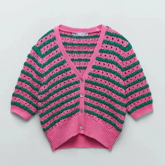BLOGGER'S FAVE! Zara Striped Knit Jacket Button Up Sweater Pink Green NWT