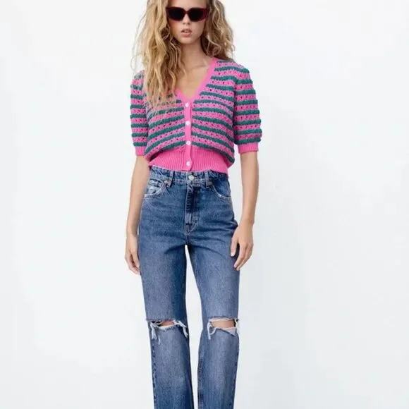 BLOGGER'S FAVE! Zara Striped Knit Jacket Button Up Sweater Pink Green NWT