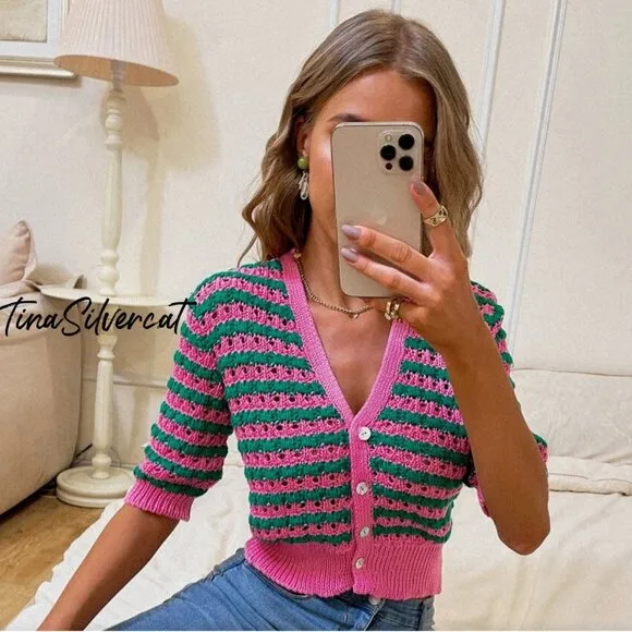 BLOGGER'S FAVE! Zara Striped Knit Jacket Button Up Sweater Pink Green NWT