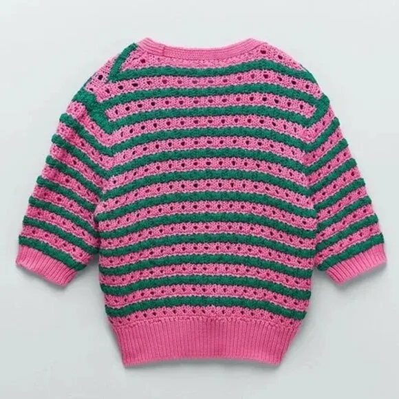 BLOGGER'S FAVE! Zara Striped Knit Jacket Button Up Sweater Pink Green NWT
