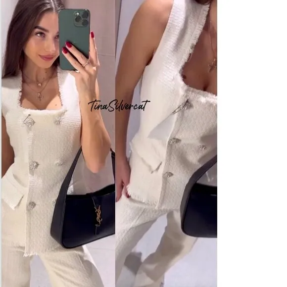 BLOGGER'S FAVE! Zara Textured Metallic Thread Vest Ecru NWT