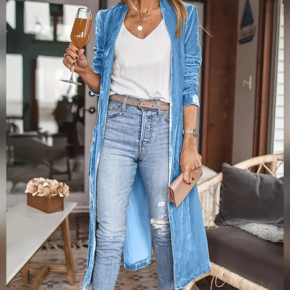 Blue Open Front Long Sleeve Coat
