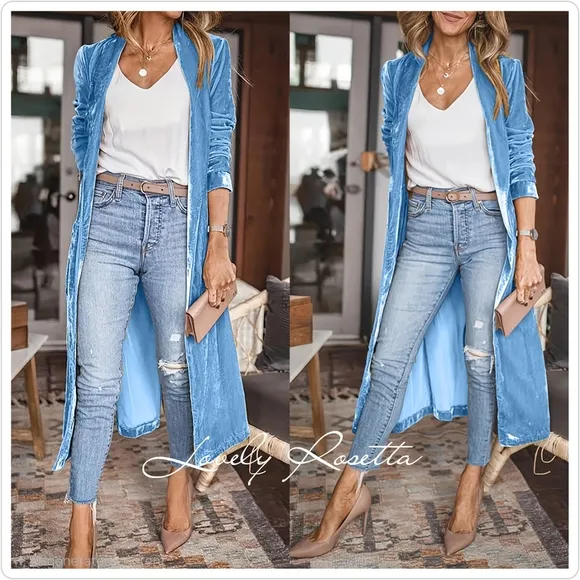 Blue Open Front Long Sleeve Coat