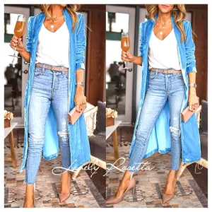 Blue Open Front Long Sleeve Coat
