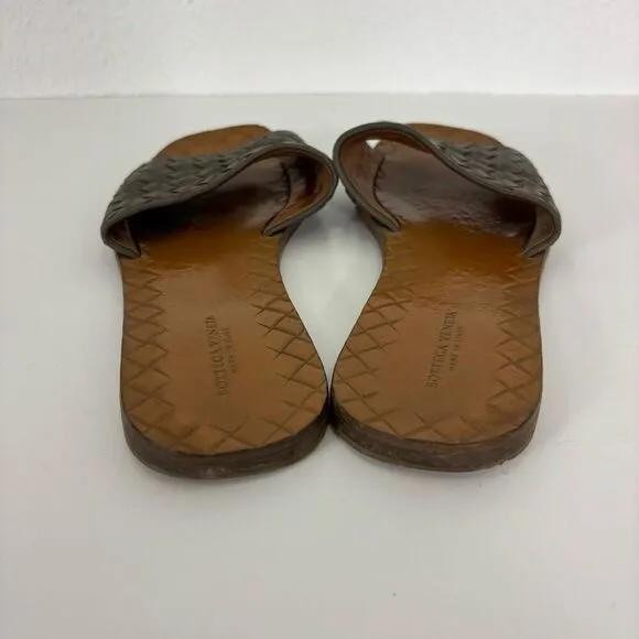 Bottega Veneta Brown Intrecciato Woven Leather Slip On Slide Sandals