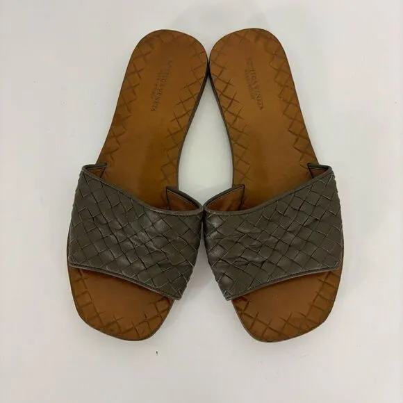 Bottega Veneta Brown Intrecciato Woven Leather Slip On Slide Sandals