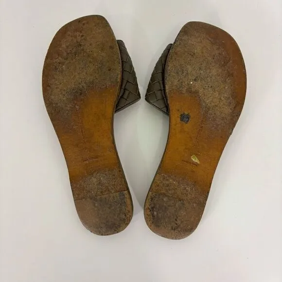 Bottega Veneta Brown Intrecciato Woven Leather Slip On Slide Sandals