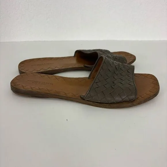 Bottega Veneta Brown Intrecciato Woven Leather Slip On Slide Sandals