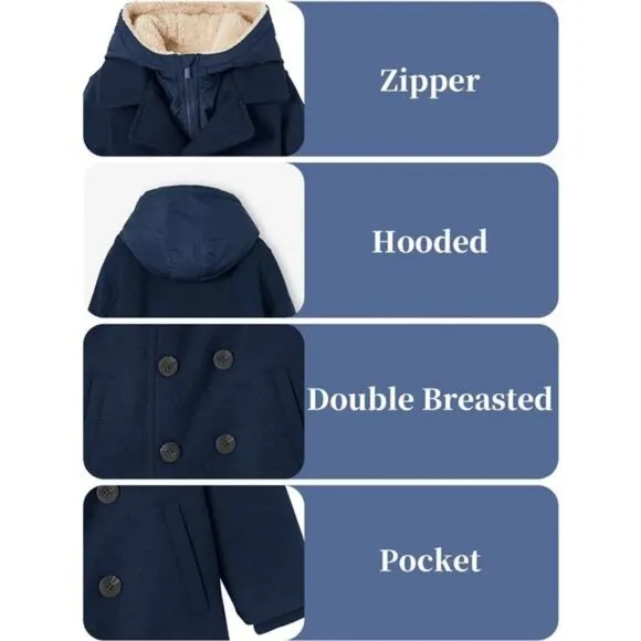 Boys Wool Blend Winter Coat Notched Collar Double Breasted Hooded Pea Coat Warm