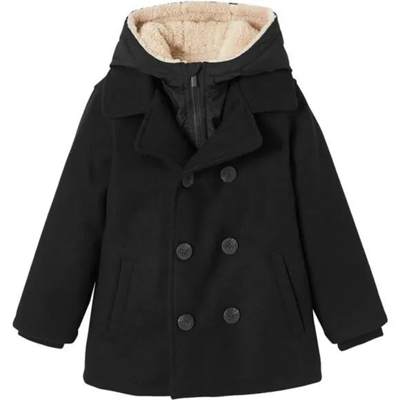 Boys Wool Blend Winter Coat Notched Collar Double Breasted Hooded Pea Coat Warm