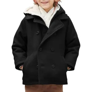 Boys Wool Blend Winter Coat Notched Collar Double Breasted Hooded Pea Coat Warm