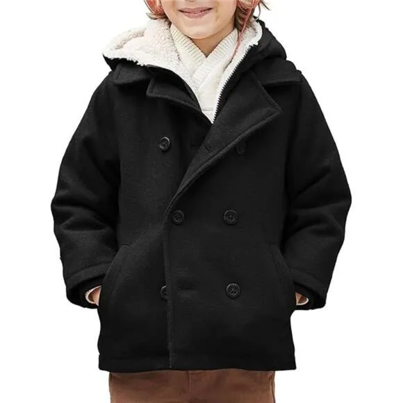 Boys Wool Blend Winter Coat Notched Collar Double Breasted Hooded Pea Coat Warm