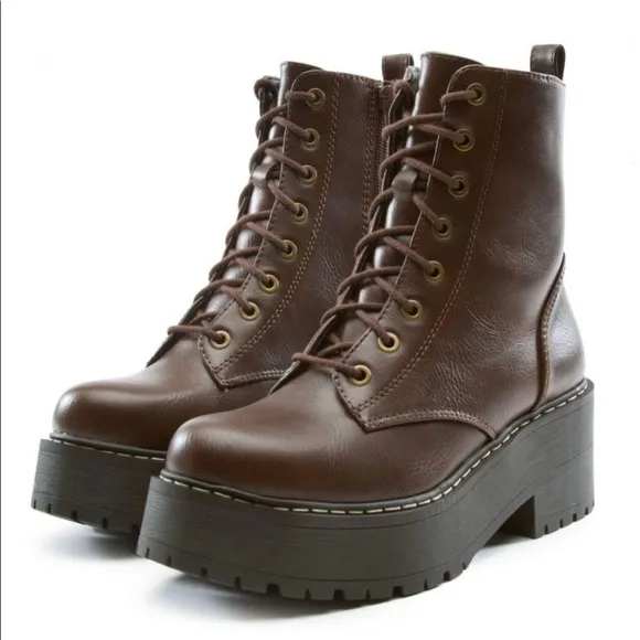 Brown Lace Up Platform Combat Boots