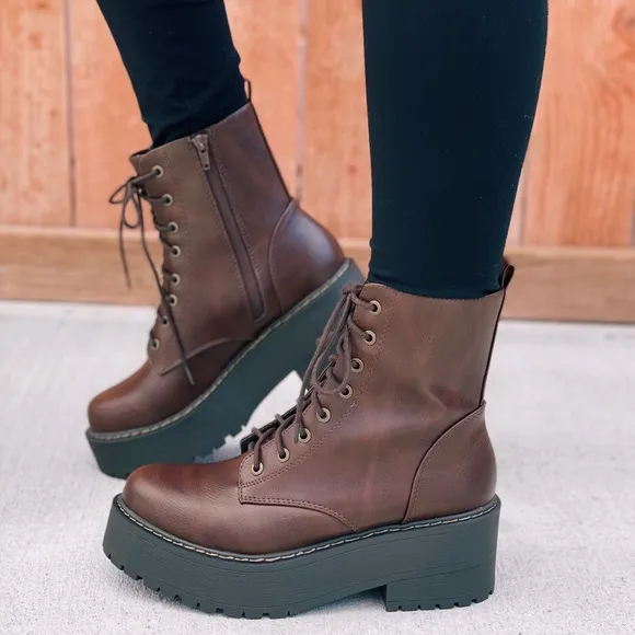 Brown Lace Up Platform Combat Boots