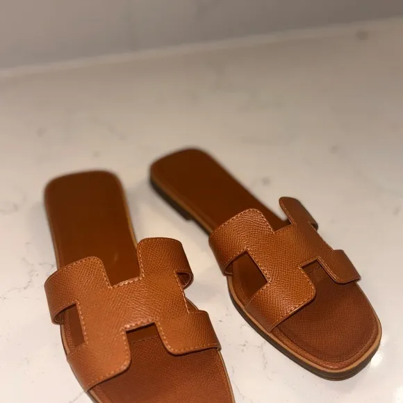 Brown Leather Slide Sandals