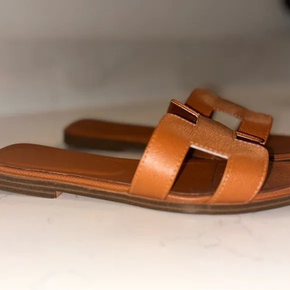 Brown Leather Slide Sandals