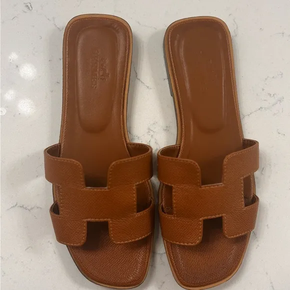 Brown Leather Slide Sandals