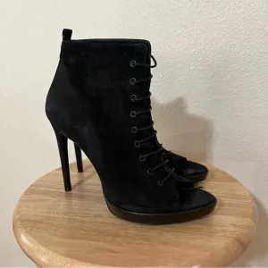 Burberry Black Nubuck Leather Peep Toe Lace Up Ankle Boots Size 39