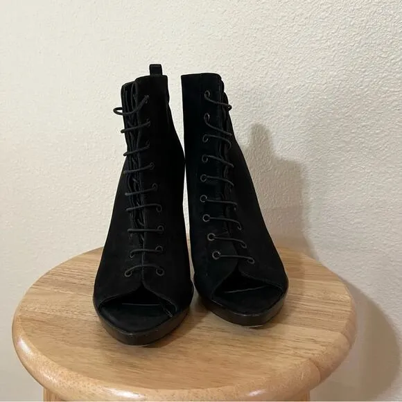 Burberry Black Nubuck Leather Peep Toe Lace Up Ankle Boots Size 39