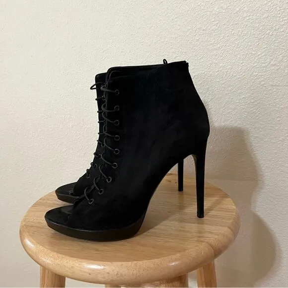 Burberry Black Nubuck Leather Peep Toe Lace Up Ankle Boots Size 39