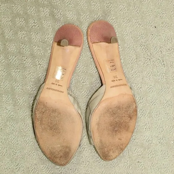 Burberry Women 7.5 / 38 Check Slides Beige Plaid Mule Sandal 3&quot; Kitten Heel