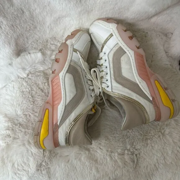 C La Canadienne Women’s White/Pink/Yellow/Beige Leather Sneakers 6.5 US / 37 EU