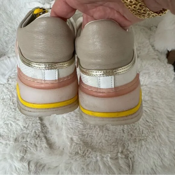 C La Canadienne Women’s White/Pink/Yellow/Beige Leather Sneakers 6.5 US / 37 EU