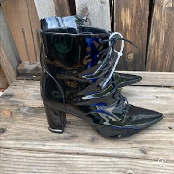 Calvin Klein Esma Patent Leather Lace Up Boots in black size 8