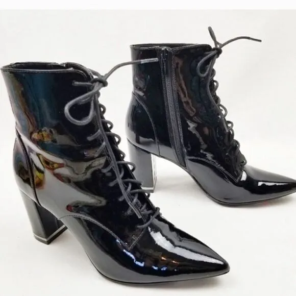Calvin Klein Esma Patent Leather Lace Up Boots in black size 8